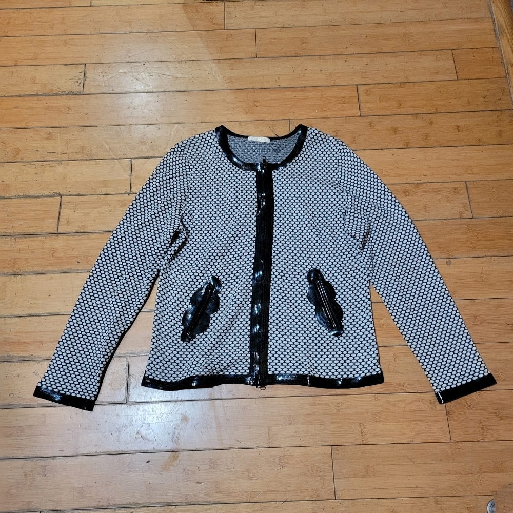 Caprice Black White Print Full Zip Cardigan Sweater Size XLarge
